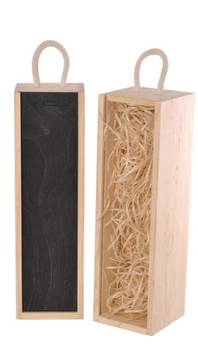 Opakowanie do  wina wym. 33 x 8,4 x 8,4 producent Vintore opakowania do wina w kolorze naturalnym wypełnione siankiem z wyrazistą czarną zasuwką