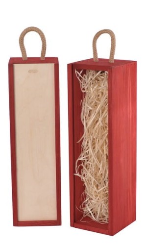 Skrzynka do wina wym. 33 x 8,4 x 8,4 producent Vintore skrzynki do wina bejcowane na kolor czerwony z zasuwką w kolorze drewna wypełnione siankiem