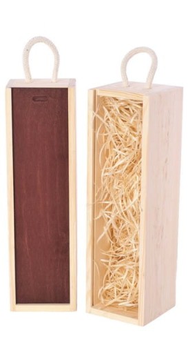 Skrzynka do wina wym. 33 x 8,4 x 8,4 producent Vintore skrzynki do wina z drewna sosnowego zasuwana mahoniowym wieczkiem wypełniona siankiem to doskonała oprawa dla wina