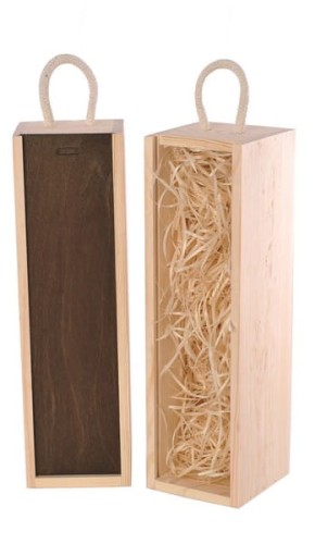 Skrzynka drewniana wym. 33 x 8,4 x 8,4 producent Vintore skrzynki drewniane w kolorze naturalnym wypełnione siankiem z orzechową zasuwką doskonale komponuje się z winem lub wisky